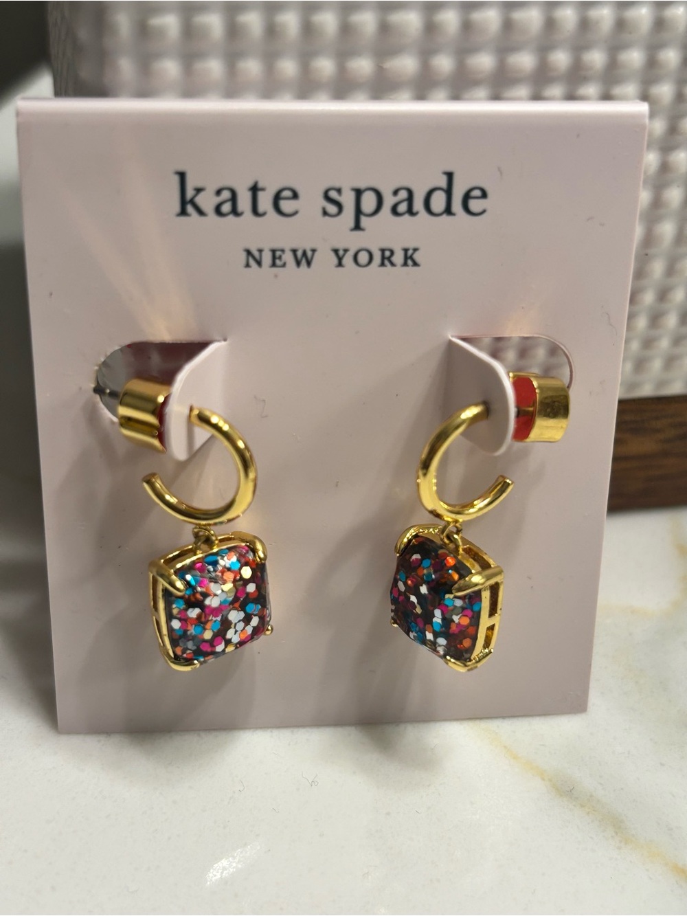 NWT Kate Spade Gold Drop Earrings with Multicolor Glitter Cubes